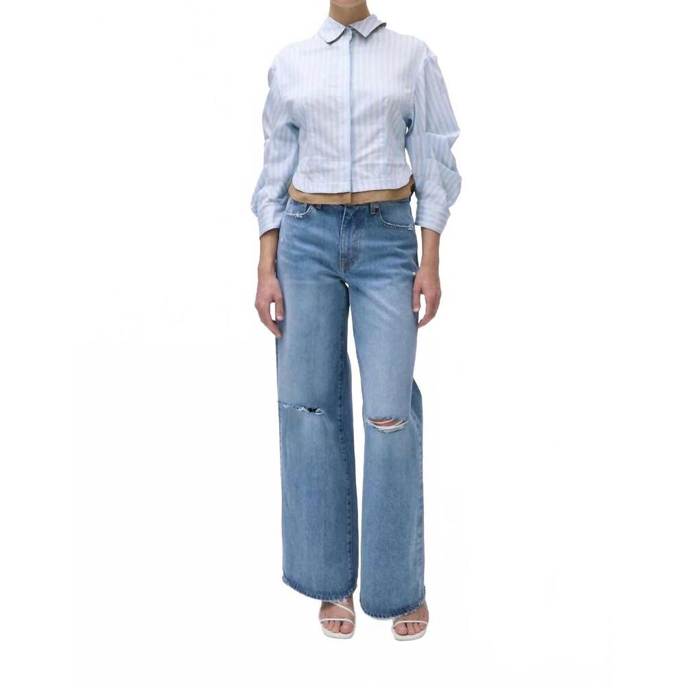NEW SIMKHAI women's boone button front combo shirt in hydrangea blue stripe - Picture 4 of 4